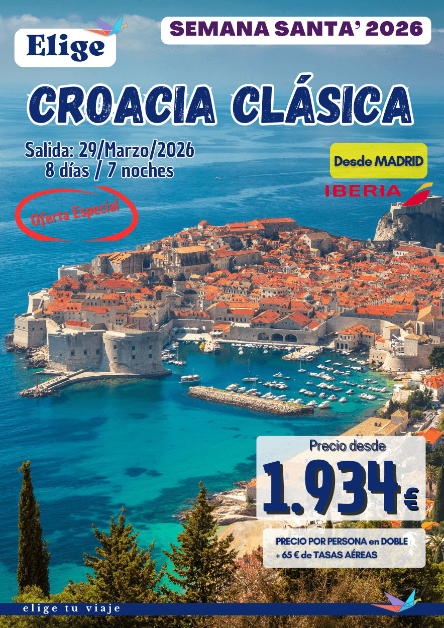 Circuito CROACIA CLÁSICA, Semana Santa 2026 desde Madrid. Incluye vuelo Madrid-Dubrovnik-Madrid con maleta facturada de 20 kg; 7 noches en los hoteles previstos o similares, en habitaciones estándar con baño-ducha privado; régimen según lo indicado en programa (7 desayunos + 7 cenas); visitas/excursiones indicadas en el programa con guía local de habla hispana; entradas a Lagos de Plitvice y Palacio Diocleciano en Split (el resto de las visitas son panorámicas sin entradas); traslados aeropuerto-hotel-aeropuerto y seguro turístico de viaje básico (inclusión), para agencias de viajes con Elige Tu Viaje.